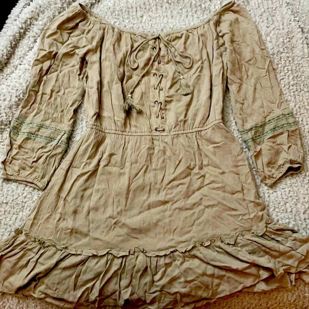 Boho off the shoulder, tie front tan dress